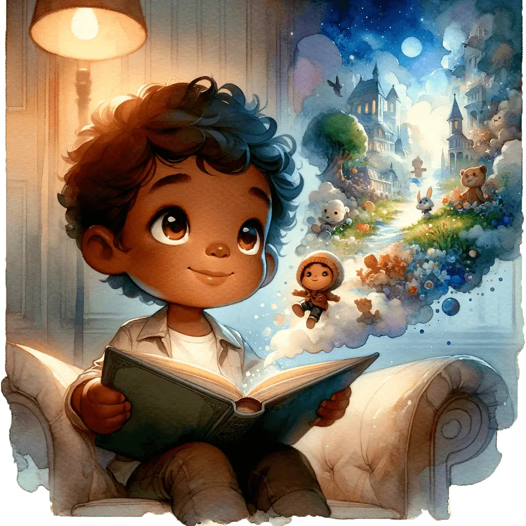 Picture of a little boy reading a book and exploring magical worlds.